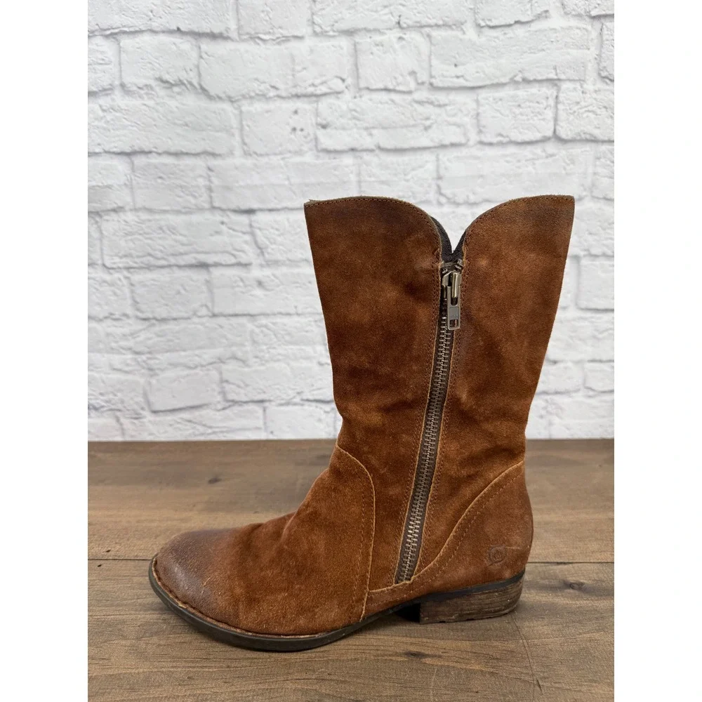 Born Brown Suede Mid Calf Boots Women's 10M Side Zip Leather Boho Rustic Moto